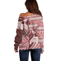 Vintage Hammerhead Shark Valentine Day Off Shoulder Sweater Pasifika Sataoa Pattern - Cherry LT9 - Polynesian Pride