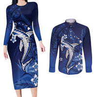 Personalized Hawaiian Maori Hammerhead Shark Couples Matching Long Sleeve Bodycon Dress and Long Sleeve Button Shirt Polu Plumeria - Polynesian Pride