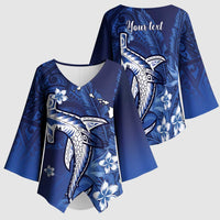 Personalized Hawaiian Maori Hammerhead Shark Kimono Sleeve Blouse Polu Plumeria - Polynesian Pride