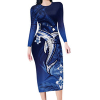Personalized Hawaiian Maori Hammerhead Shark Long Sleeve Bodycon Dress Polu Plumeria - Polynesian Pride