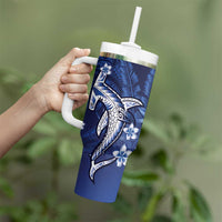 Personalized Hawaiian Maori Hammerhead Shark Tumbler With Handle Polu Plumeria - Polynesian Pride