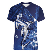 Personalized Hawaiian Maori Hammerhead Shark Women V-Neck T-Shirt Polu Plumeria - Polynesian Pride