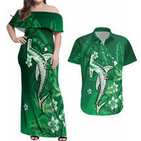 Personalized Hawaiian Maori Hammerhead Shark Couples Matching Off Shoulder Maxi Dress and Hawaiian Shirt Omaomao Plumeria - Polynesian Pride