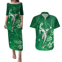 Personalized Hawaiian Maori Hammerhead Shark Couples Matching Puletasi and Hawaiian Shirt Omaomao Plumeria - Polynesian Pride
