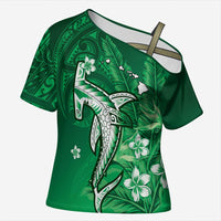 Personalized Hawaiian Maori Hammerhead Shark Cross Shoulder Shirt Omaomao Plumeria - Polynesian Pride