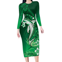 Personalized Hawaiian Maori Hammerhead Shark Long Sleeve Bodycon Dress Omaomao Plumeria - Polynesian Pride