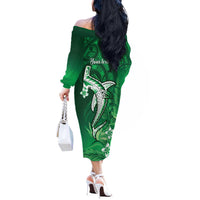Personalized Hawaiian Maori Hammerhead Shark Off The Shoulder Long Sleeve Dress Omaomao Plumeria - Polynesian Pride