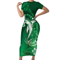 Personalized Hawaiian Maori Hammerhead Shark Short Sleeve Bodycon Dress Omaomao Plumeria LT9 Long Dress Green - Polynesian Pride
