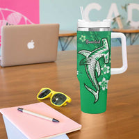 Personalized Hawaiian Maori Hammerhead Shark Tumbler With Handle Omaomao Plumeria - Polynesian Pride