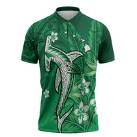 Personalized Hawaiian Maori Hammerhead Shark Zipper Polo Shirt Omaomao Plumeria - Polynesian Pride