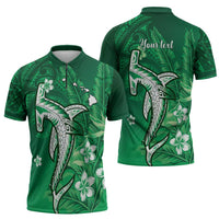 Personalized Hawaiian Maori Hammerhead Shark Zipper Polo Shirt Omaomao Plumeria - Polynesian Pride