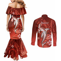 Personalized Hawaiian Maori Hammerhead Shark Couples Matching Mermaid Dress and Long Sleeve Button Shirt Ulaula Plumeria - Polynesian Pride
