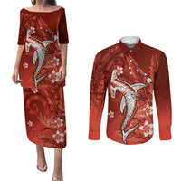 Personalized Hawaiian Maori Hammerhead Shark Couples Matching Puletasi and Long Sleeve Button Shirt Ulaula Plumeria - Polynesian Pride