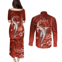 Personalized Hawaiian Maori Hammerhead Shark Couples Matching Puletasi and Long Sleeve Button Shirt Ulaula Plumeria - Polynesian Pride
