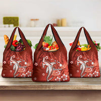 Personalized Hawaiian Maori Hammerhead Shark Grocery Bag Ulaula Plumeria - Polynesian Pride