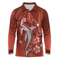 Personalized Hawaiian Maori Hammerhead Shark Long Sleeve Polo Shirt Ulaula Plumeria - Polynesian Pride
