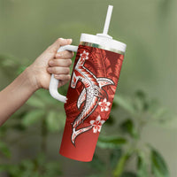 Personalized Hawaiian Maori Hammerhead Shark Tumbler With Handle Ulaula Plumeria - Polynesian Pride