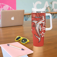 Personalized Hawaiian Maori Hammerhead Shark Tumbler With Handle Ulaula Plumeria - Polynesian Pride