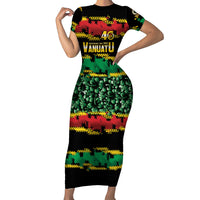 Vanuatu 46th Year Anniversary Short Sleeve Bodycon Dress 30 July 1980 Hibiscus Seamless Pattern LT9 Long Dress Black - Polynesian Pride