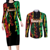 Vanuatu 46th Year Anniversary Couples Matching Long Sleeve Bodycon Dress and Long Sleeve Button Shirt Tamtam Slit Drums Long God Yumi Stanap LT9 Black - Polynesian Pride