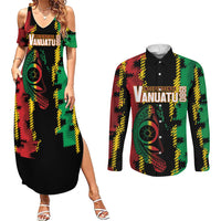 Vanuatu 46th Year Anniversary Couples Matching Summer Maxi Dress and Long Sleeve Button Shirt Tamtam Slit Drums Long God Yumi Stanap LT9 Black - Polynesian Pride