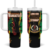 Vanuatu 46th Year Anniversary Tumbler With Handle Tamtam Slit Drums Long God Yumi Stanap LT9 One Size: 40 oz Black - Polynesian Pride