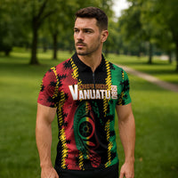 Vanuatu 46th Year Anniversary Zipper Polo Shirt Tamtam Slit Drums Long God Yumi Stanap LT9 - Polynesian Pride