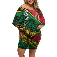 Vanuatu 46th Year Anniversary Off Shoulder Short Dress Vintage Grunge Vanuatu Flag Heritage LT9 Women Black - Polynesian Pride