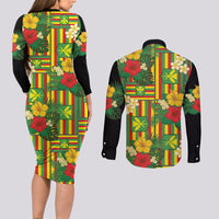 Hawaii Kanaka Maoli Hibiscus Couples Matching Long Sleeve Bodycon Dress and Long Sleeve Button Shirt Hawaiian Flag Motif