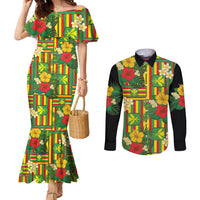 Hawaii Kanaka Maoli Hibiscus Couples Matching Mermaid Dress and Long Sleeve Button Shirt Hawaiian Flag Motif