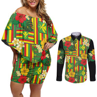Hawaii Kanaka Maoli Hibiscus Couples Matching Off Shoulder Short Dress and Long Sleeve Button Shirt Hawaiian Flag Motif