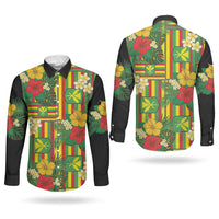 Hawaii Kanaka Maoli Hibiscus Couples Matching Off The Shoulder Long Sleeve Dress and Long Sleeve Button Shirt Hawaiian Flag Motif LT9 - Polynesian Pride