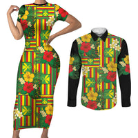 Hawaii Kanaka Maoli Hibiscus Couples Matching Short Sleeve Bodycon Dress and Long Sleeve Button Shirt Hawaiian Flag Motif