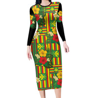 Hawaii Kanaka Maoli Hibiscus Family Matching Long Sleeve Bodycon Dress and Hawaiian Shirt Hawaiian Flag Motif