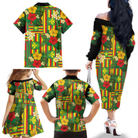 Hawaii Kanaka Maoli Hibiscus Family Matching Off The Shoulder Long Sleeve Dress and Hawaiian Shirt Hawaiian Flag Motif