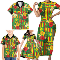 Hawaii Kanaka Maoli Hibiscus Family Matching Short Sleeve Bodycon Dress and Hawaiian Shirt Hawaiian Flag Motif