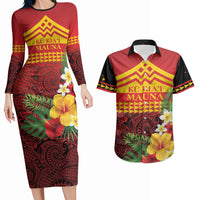 Hawaii Ku Kia'i Mauna Personalized Couples Matching Long Sleeve Bodycon Dress and Hawaiian Shirt Hibiscus Kakau Pattern LT9 Red - Polynesian Pride