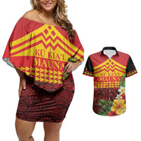 Hawaii Ku Kia'i Mauna Personalized Couples Matching Off Shoulder Short Dress and Hawaiian Shirt Hibiscus Kakau Pattern LT9 Red - Polynesian Pride