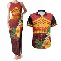 Hawaii Ku Kia'i Mauna Personalized Couples Matching Tank Maxi Dress and Hawaiian Shirt Hibiscus Kakau Pattern LT9 Red - Polynesian Pride