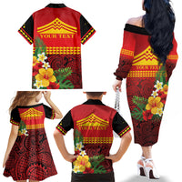 Hawaii Ku Kia'i Mauna Personalized Family Matching Off The Shoulder Long Sleeve Dress and Hawaiian Shirt Hibiscus Kakau Pattern LT9 Mom's Dress Red - Polynesian Pride