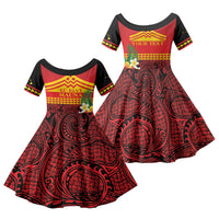 Hawaii Ku Kia'i Mauna Personalized Family Matching Off The Shoulder Long Sleeve Dress and Hawaiian Shirt Hibiscus Kakau Pattern LT9 Daughter's Dress Red - Polynesian Pride