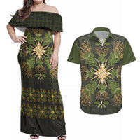 Hawaii Ohia Lehua Squares Couples Matching Off Shoulder Maxi Dress and Hawaiian Shirt Hawaiian Quilt Inspired Floral Pattern