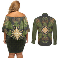 Hawaii Ohia Lehua Squares Couples Matching Off Shoulder Short Dress and Long Sleeve Button Shirt Hawaiian Quilt Inspired Floral Pattern