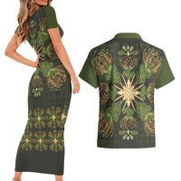 Hawaii Ohia Lehua Squares Couples Matching Short Sleeve Bodycon Dress and Hawaiian Shirt Hawaiian Quilt Inspired Floral Pattern