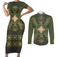 Hawaii Ohia Lehua Squares Couples Matching Short Sleeve Bodycon Dress and Long Sleeve Button Shirt Hawaiian Quilt Inspired Floral Pattern
