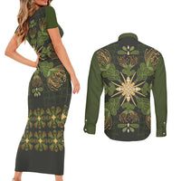 Hawaii Ohia Lehua Squares Couples Matching Short Sleeve Bodycon Dress and Long Sleeve Button Shirt Hawaiian Quilt Inspired Floral Pattern