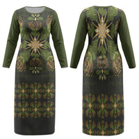 Hawaii Ohia Lehua Squares Family Matching Long Sleeve Bodycon Dress and Hawaiian Shirt Hawaiian Quilt Inspired Floral Pattern LT9 Mom's Dress Green - Polynesian Pride