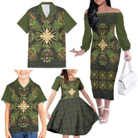 Hawaii Ohia Lehua Squares Family Matching Off The Shoulder Long Sleeve Dress and Hawaiian Shirt Hawaiian Quilt Inspired Floral Pattern