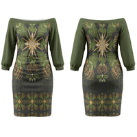 Hawaii Ohia Lehua Squares Family Matching Off The Shoulder Long Sleeve Dress and Hawaiian Shirt Hawaiian Quilt Inspired Floral Pattern LT9 Mom's Dress Green - Polynesian Pride