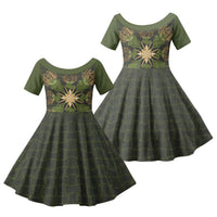 Hawaii Ohia Lehua Squares Family Matching Off The Shoulder Long Sleeve Dress and Hawaiian Shirt Hawaiian Quilt Inspired Floral Pattern LT9 Daughter's Dress Green - Polynesian Pride